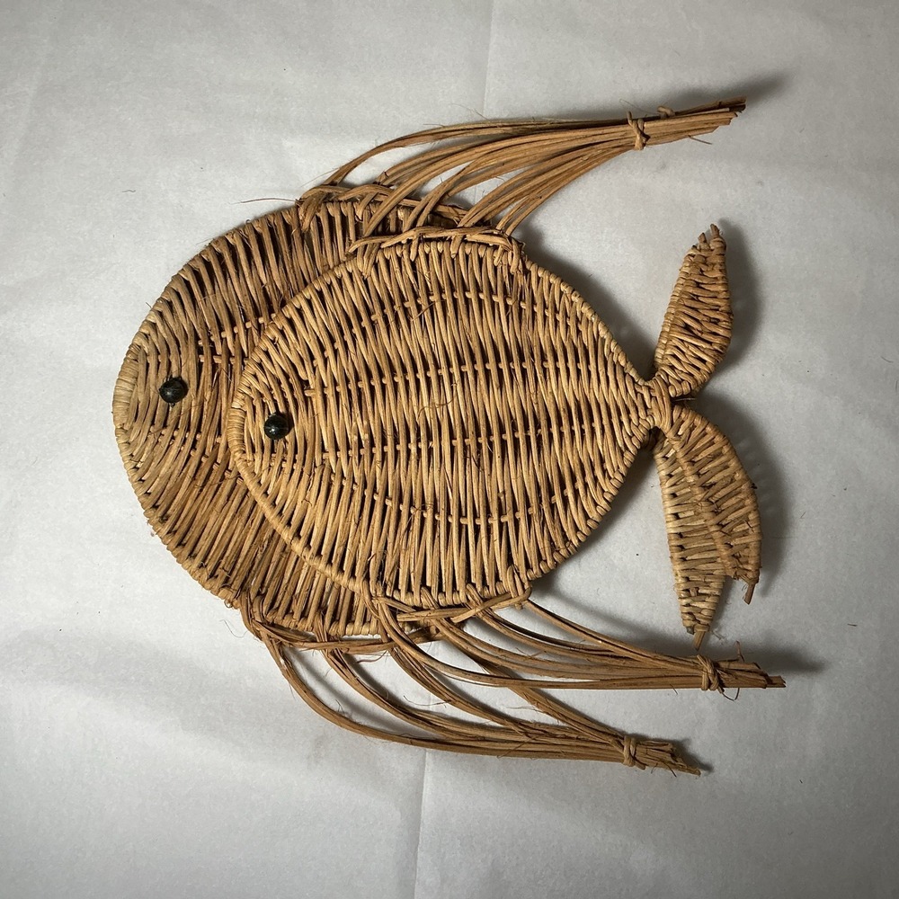 Vintage 1970s Wicker Rattan Fish Wall Set Of 2 Boho/Nautical Decorations